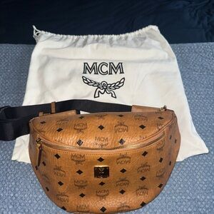 MCM Cognac Logo Belt Bag with Black Strap